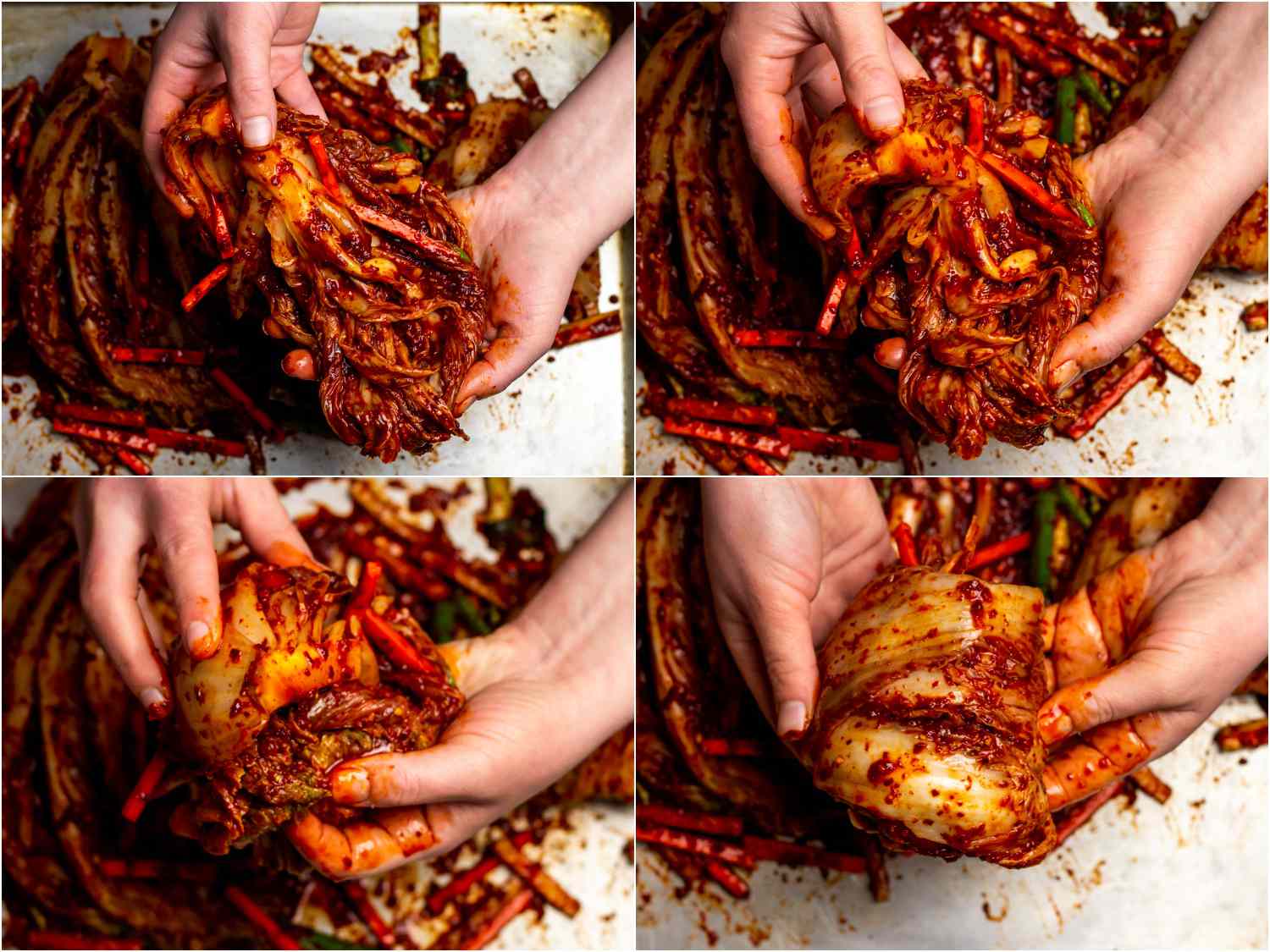 collage: rolling a quarter of cabbage up into a neat package