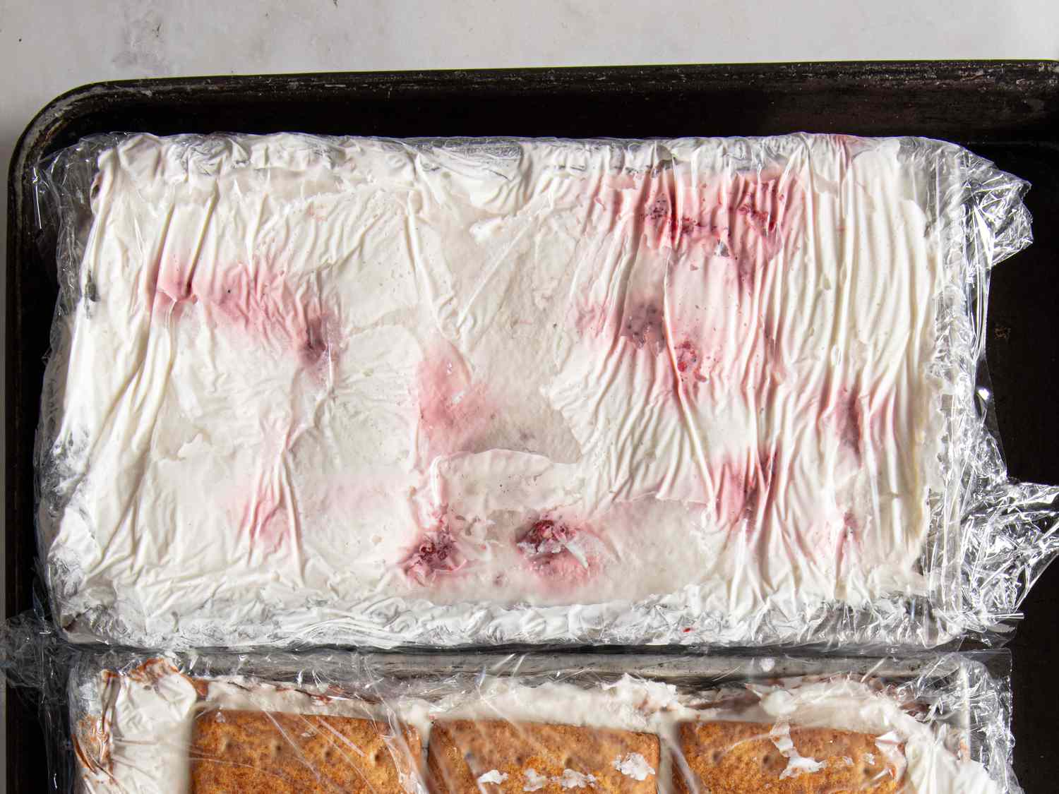 Overhead view of wrapped icebox cake