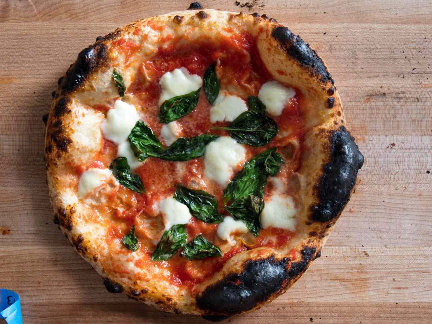 Over-charred air bubbles on a pizza baked in the Breville oven.