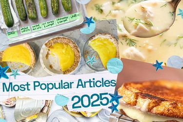 Collage of food items highlighting a headline Most Popular Articles 2025 with images of various dishes and ingredients