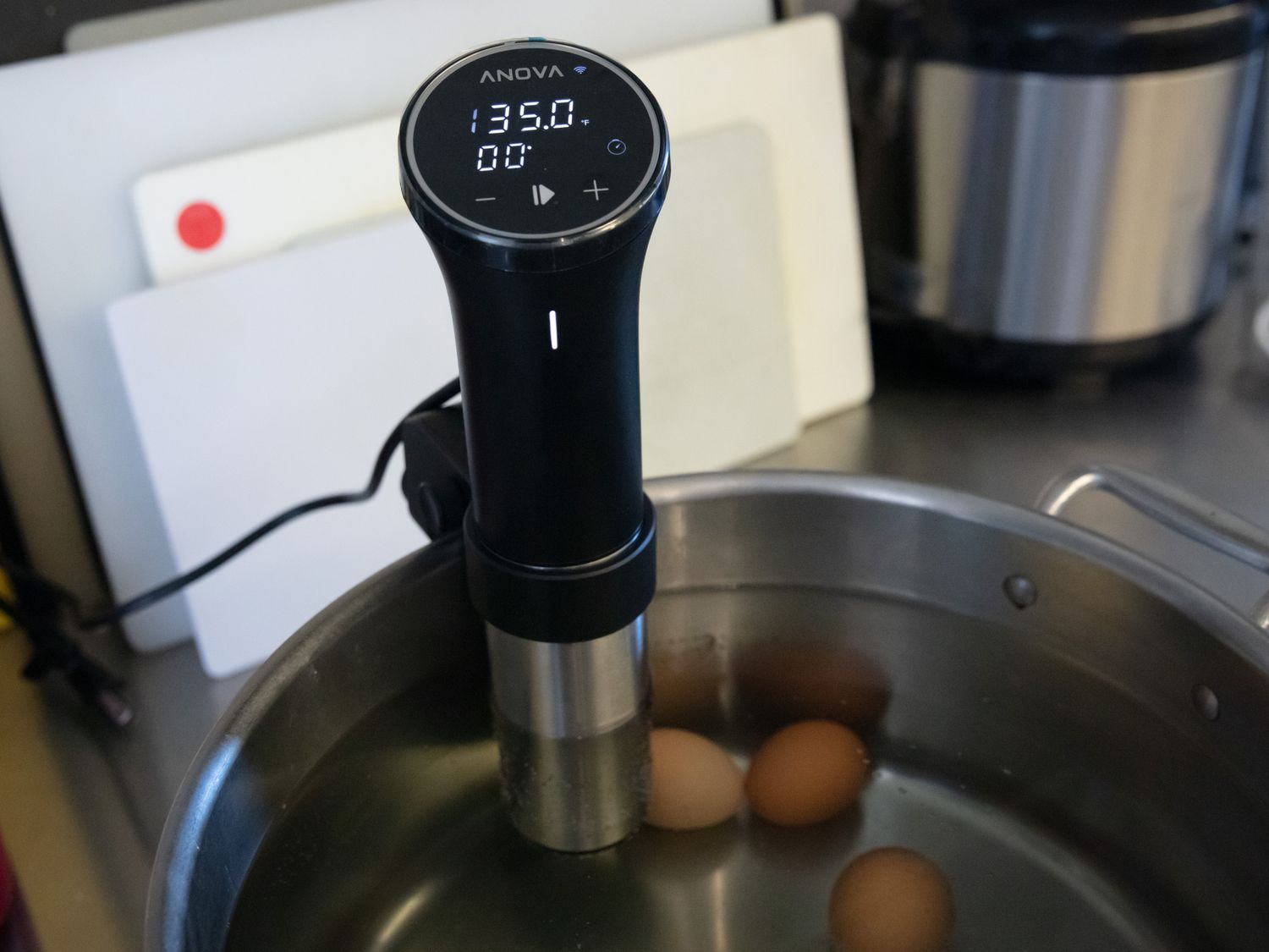 Overhad view of eggs in sous vide