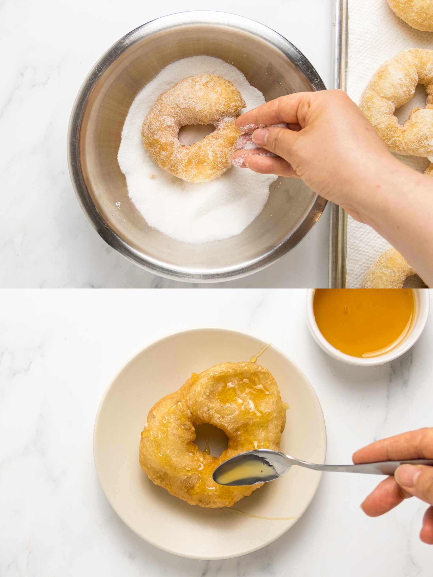 Preparing and garnishing sfenj Moroccan doughnuts, doughnut rolled in sugar and drizzled with honey