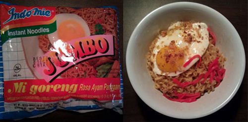 A package and bowl of Indomie Mi Goreng Rasa Ayam Panggang, BBQ Chicken Flavor.