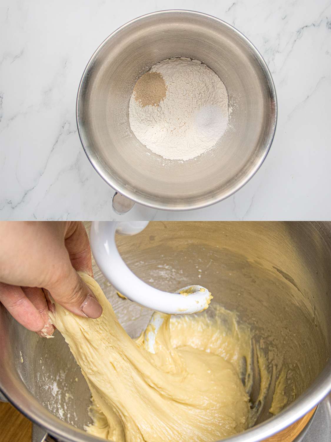 Two Image collage. Top: dry ingredients for brioche dough. Bottom: Dough in stand mixer, with hand pulling a piece showing off elasticity 