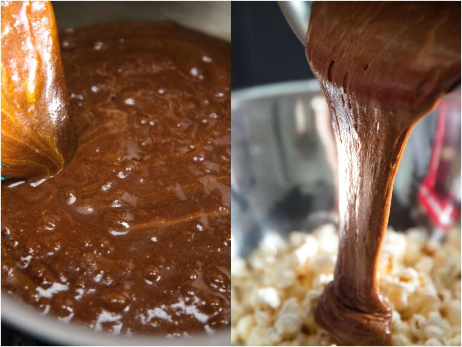 Side by side images: On the left, the chocolate is stirred into the caramel. On the right, the chocolate-caramel mixture is poured into the greased bowl of freshly popped popcorn.