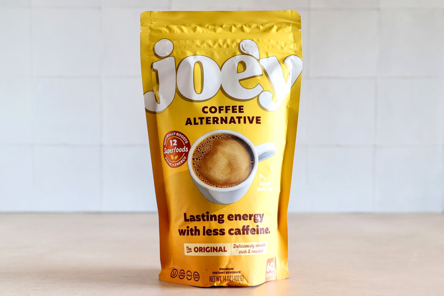 Joe'y coffee alternative package, includes claims of 12 superfoods and lasting energy with less caffeine
