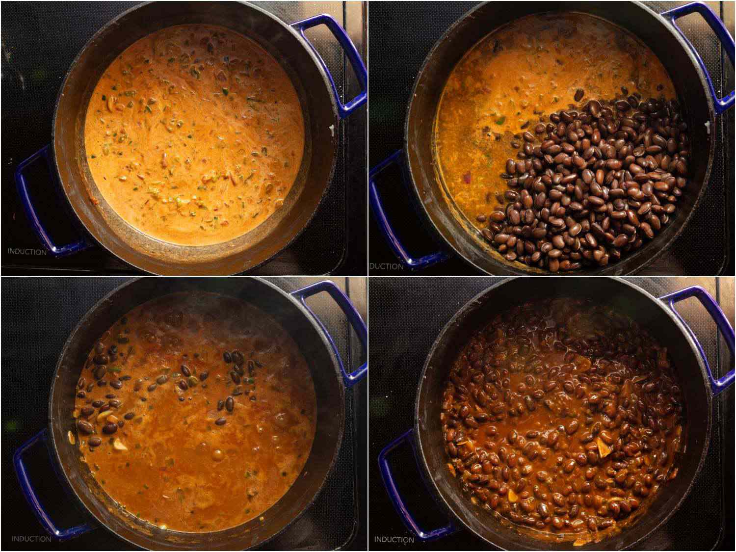 step 7: coconut milk added; beans added with broth; simmering; final texture of thick sauce with beans suspended