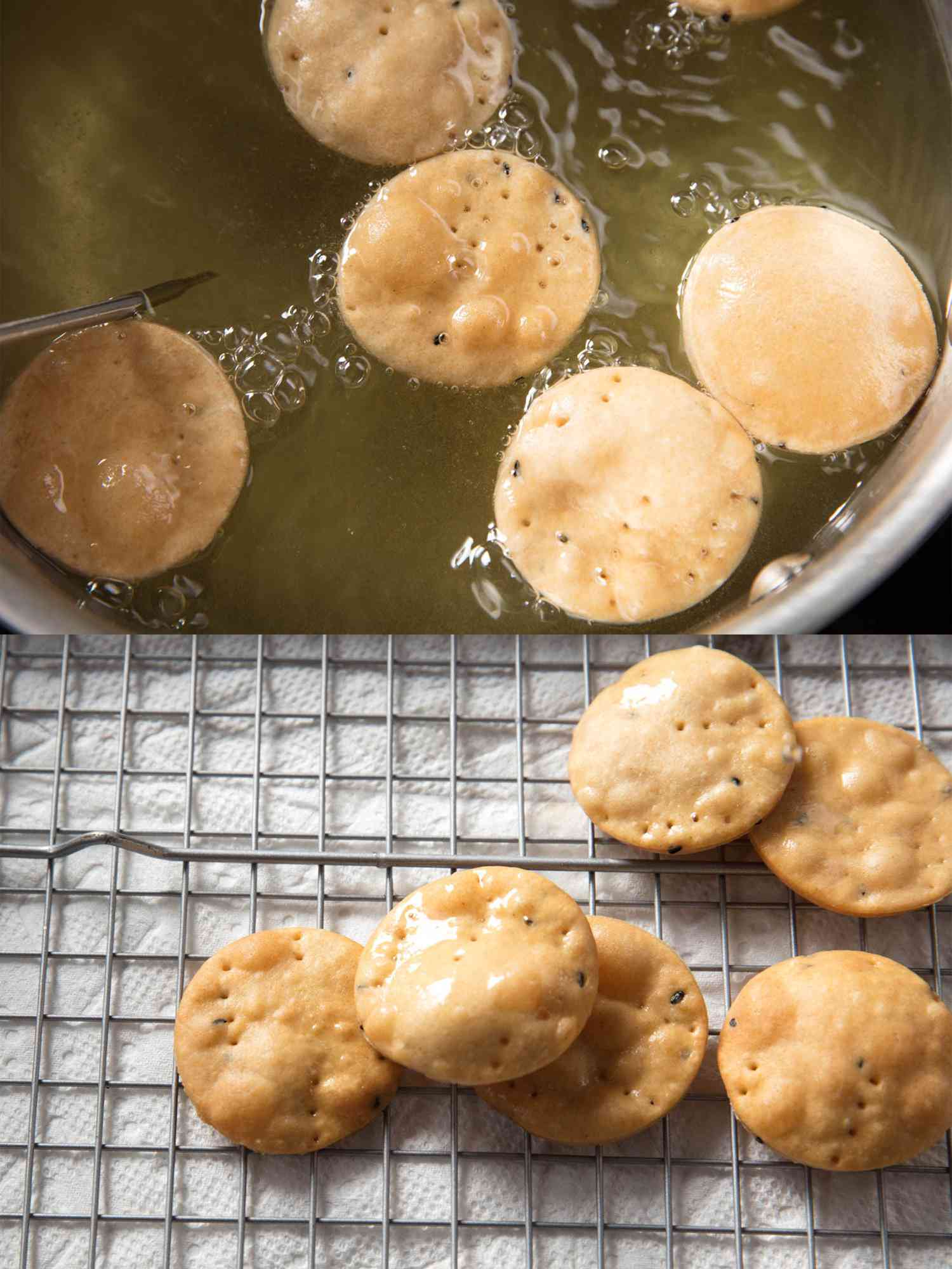 A two-image collage showing the papri dough chips being deep fried and then drained on a metal rack set over a sheet pan lined with paper towels.