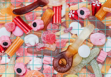 View of Swedish candy on a grid. 