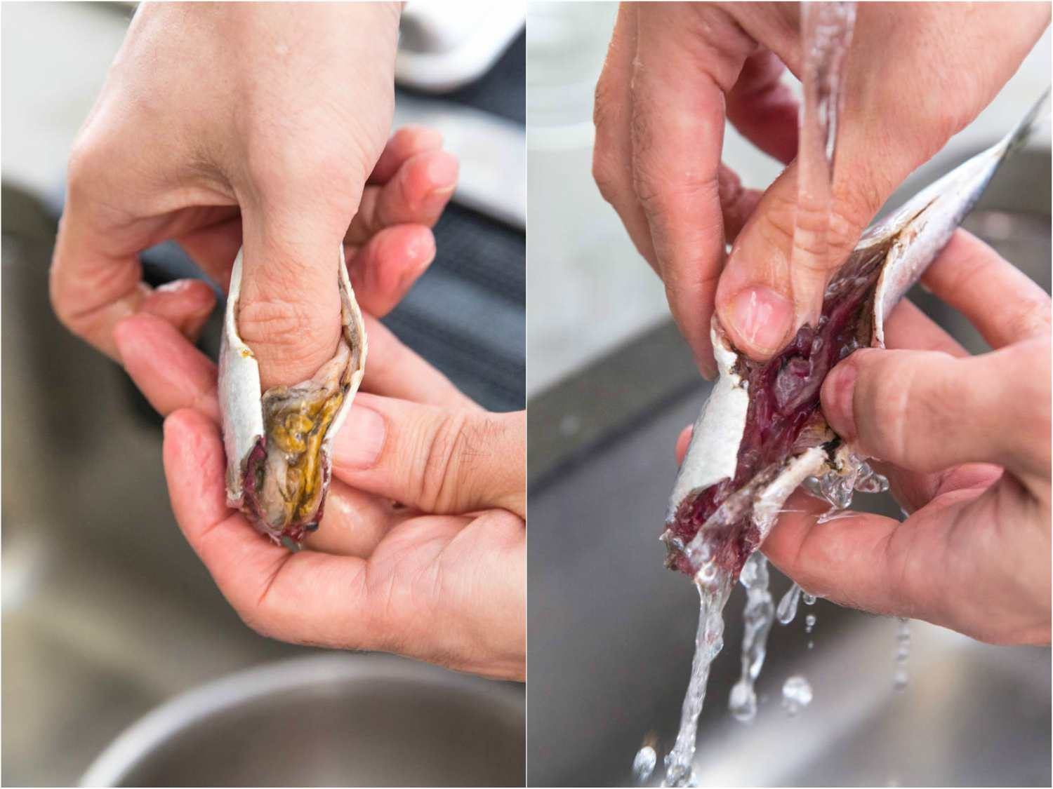 Side by side pictures of using your thumb to push out whatever is in the belly of a fresh sardine, then rinsing under running water.