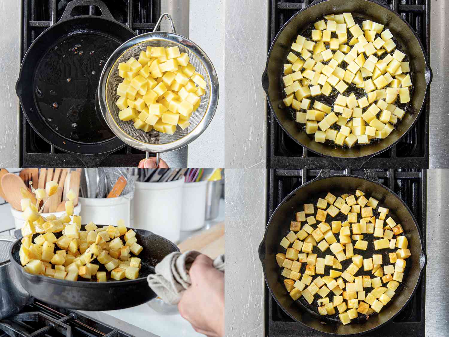 Collage of cooked potatoes added to cast iron skillet, potatoes cooking in cast iron skillet, hands holding skillet handle with dishcloth and flipping potatoes, and browned potatoes in cast iron skillet