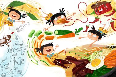 Cartoon illustration of a little girl making bibimbap. 