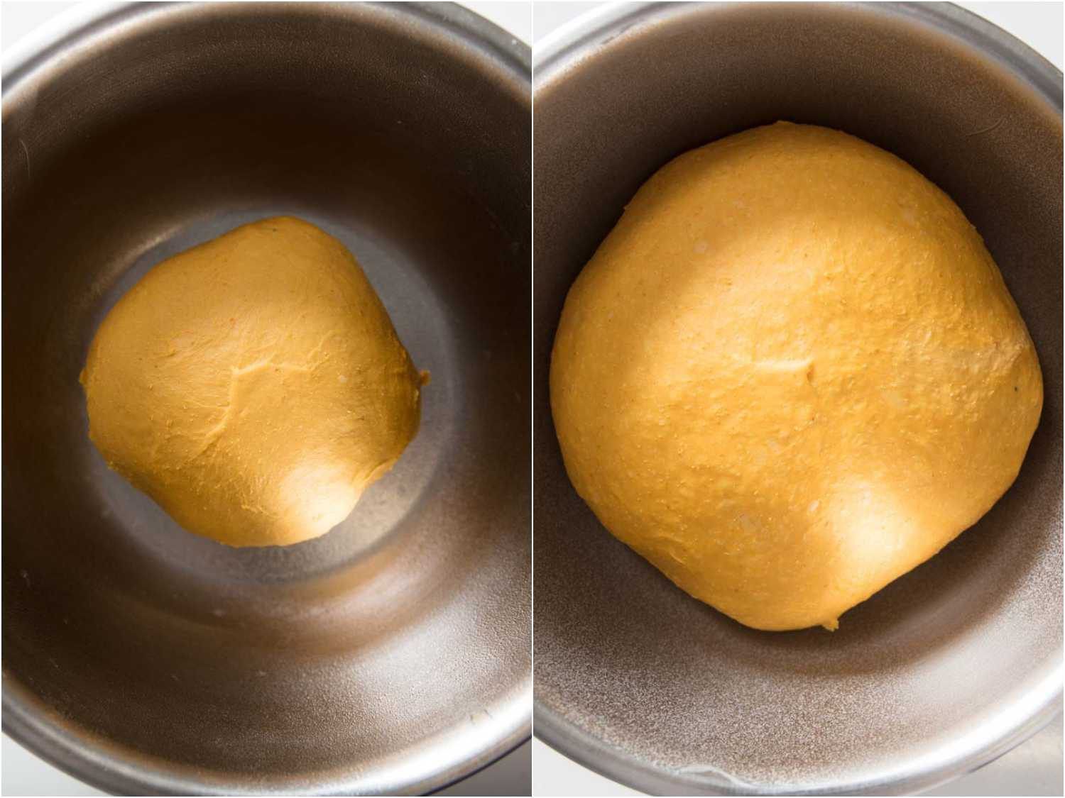 Photo collage showing pumpkin yeast sandwich bread dough before and after rising until doubled in bulk.