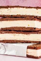 Side view of stack of vanilla ice cream sandwiches 