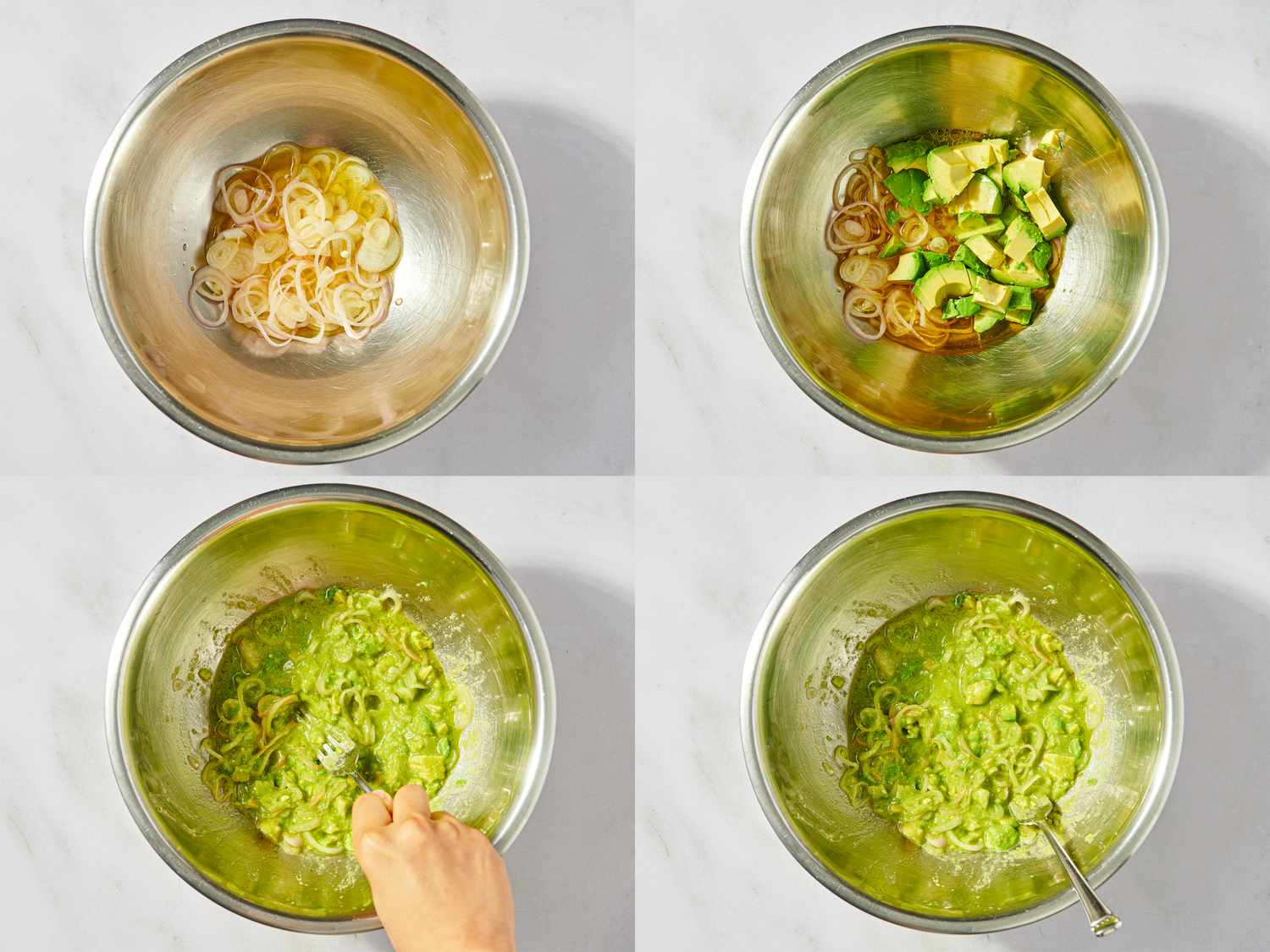 Fourstep preparation process of broccoli chickpea combination shown in mixing bowls at different stages incorporating ingredients and stirring