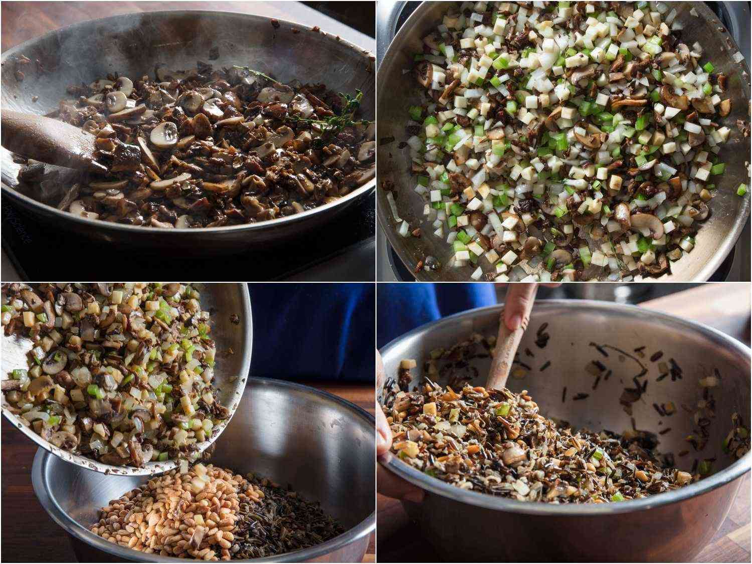 Collage of images showing the making of wild rice salad with mushrooms, celery root, and pine nuts.