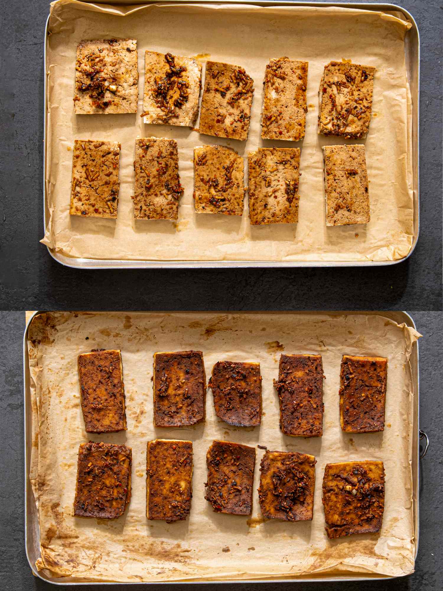 Two baking trays with marinated tofu slices before and after baking