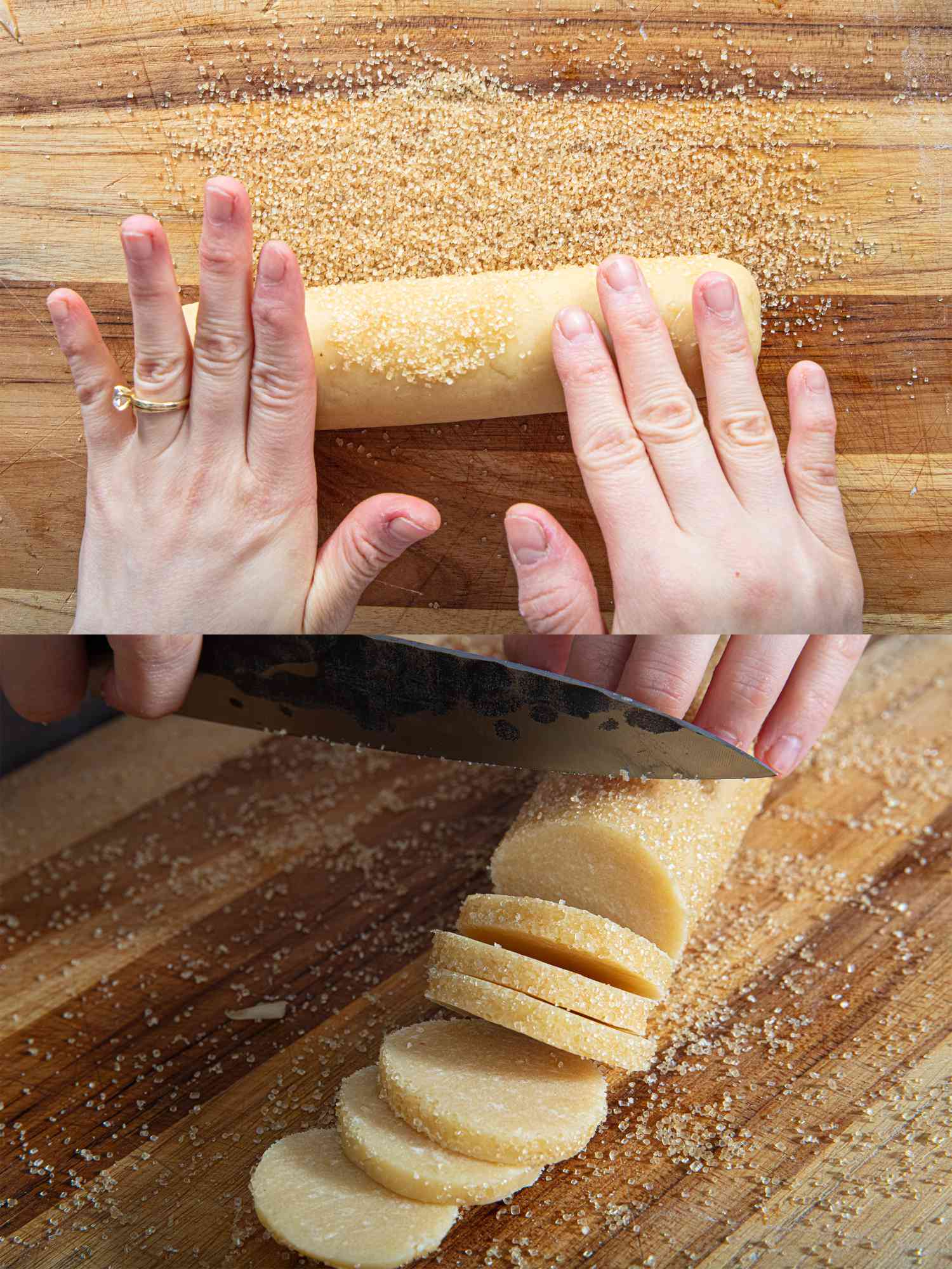 Overhead view of rolling in sugar and slicing