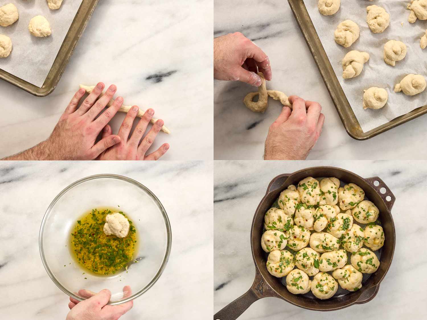 4 image collage. Top left: rolling out dough into thin ropes. Top Right: tying each rope into a knot. Bottom left: Rolling knots in garlic butter. Bottom right: half baked knots in cast iron 