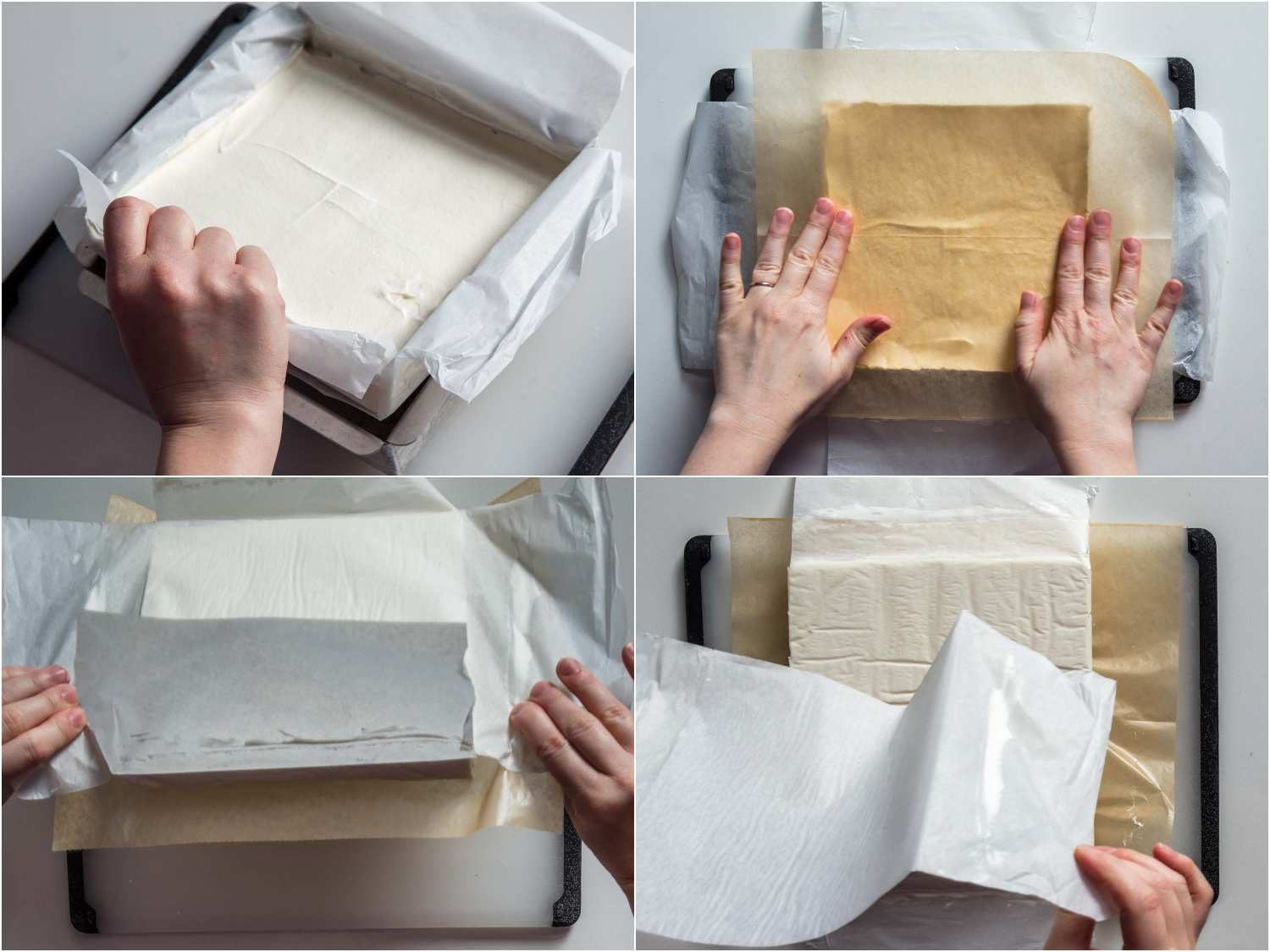 A four-image collage showing the removal of no-churn ice cream from a parchment-lined pan: lifting the ice cream from the pan, covering its surface with parchment paper, and flipping it.