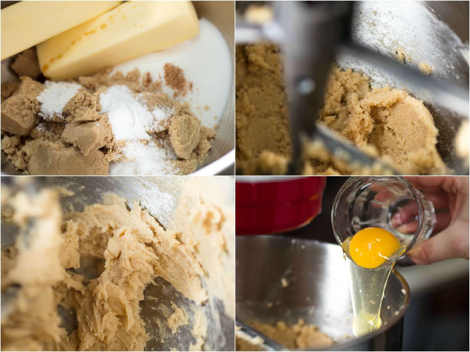A 4-image collage of creaming the butter and sugar and adding eggs in the bowl of a stand mixer.