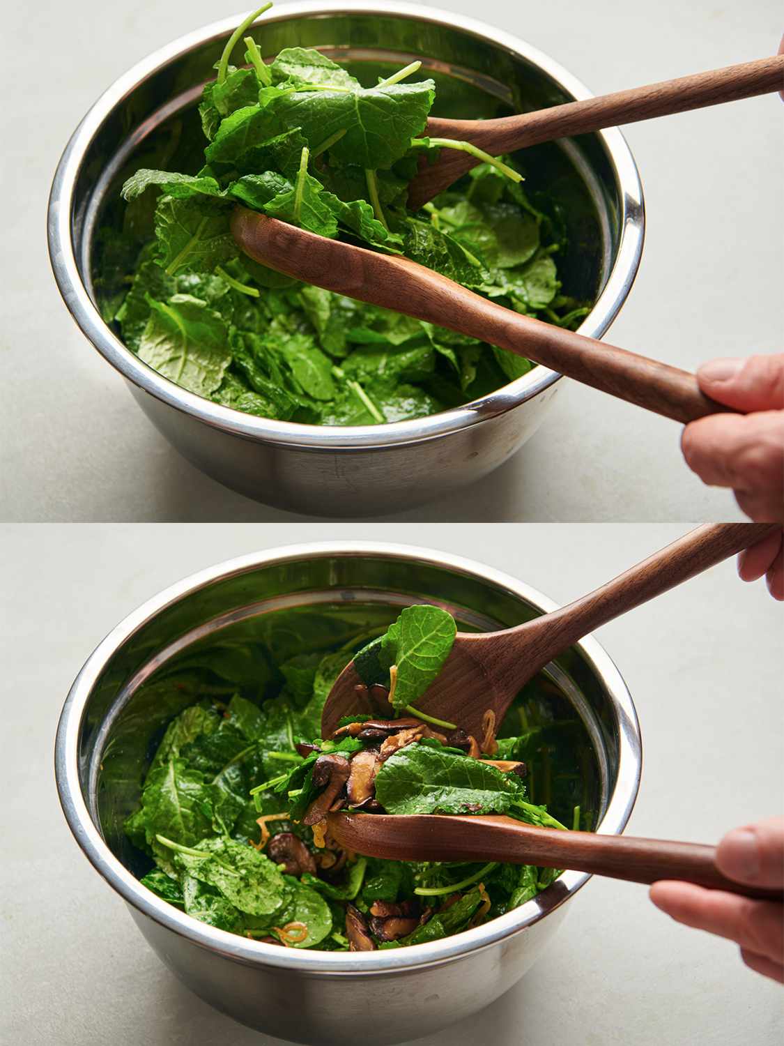 A vertical two-image collage. The top image shows the baby kale leaves being tossed with dressing in a stainless steel bowl by two salad tongs. The bottom image shows the warm mushroom mixture now added to the bowl and being tossed into the salad with additional dressing.
