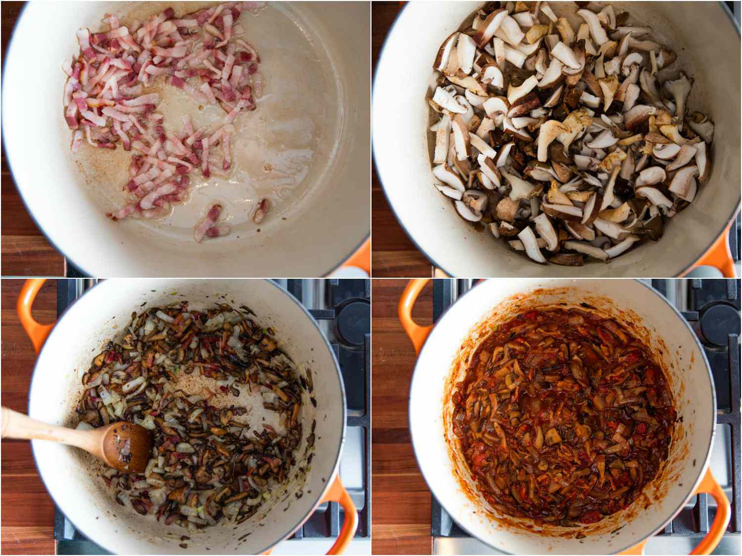 A collage showing bacon lardons cooking, mushrooms browning, and tomatoes being added.