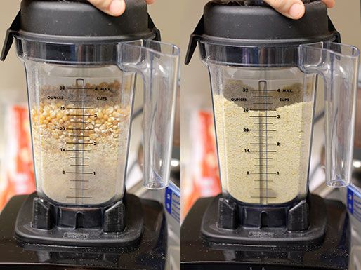 A two-image collage. The left image shows the bowl of a high speed blender filled with popcorn kernels which are being processed. The right image shows the bowl now holding the finely ground cornmeal.