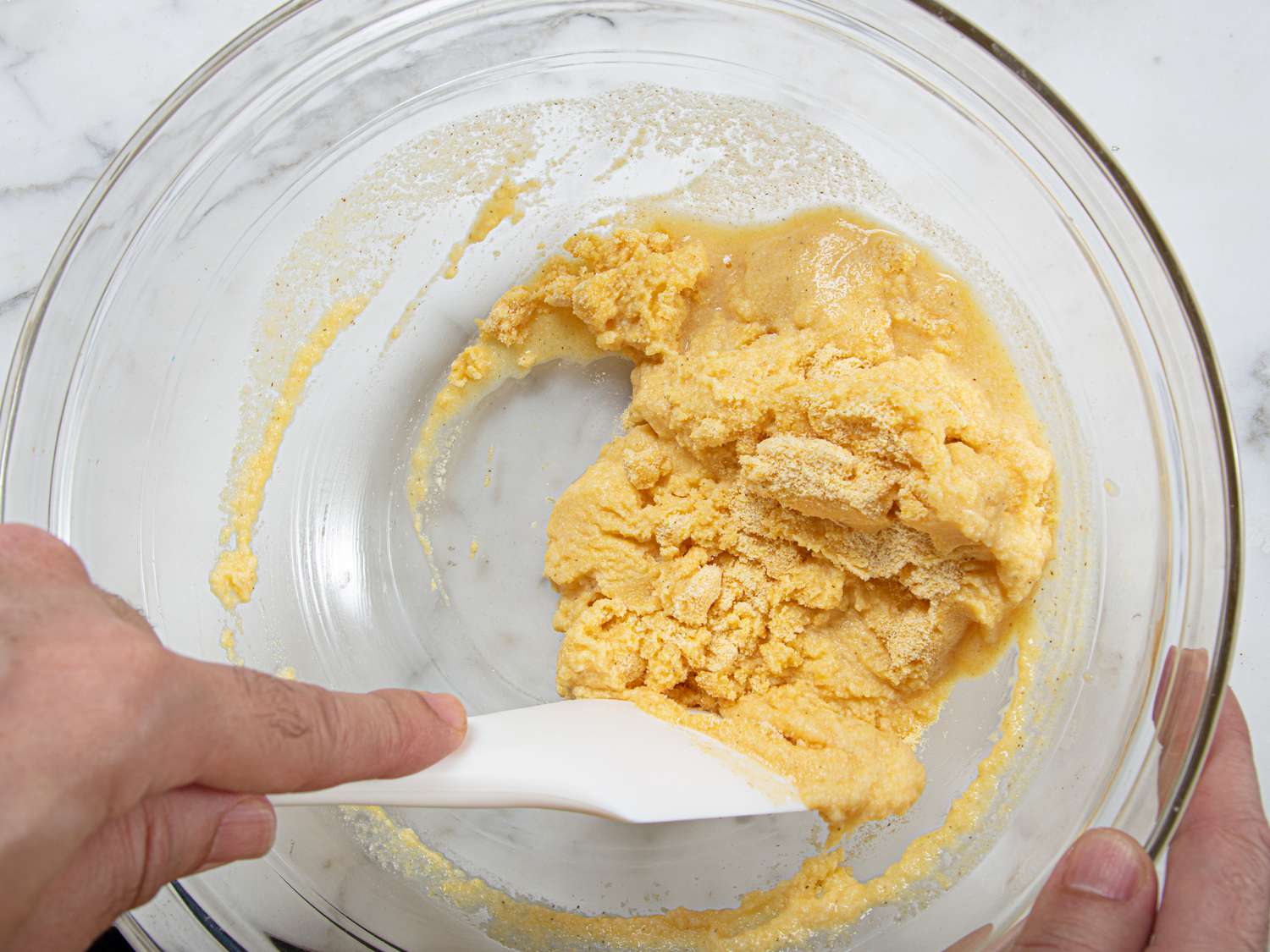 Overhead view of mixing dough