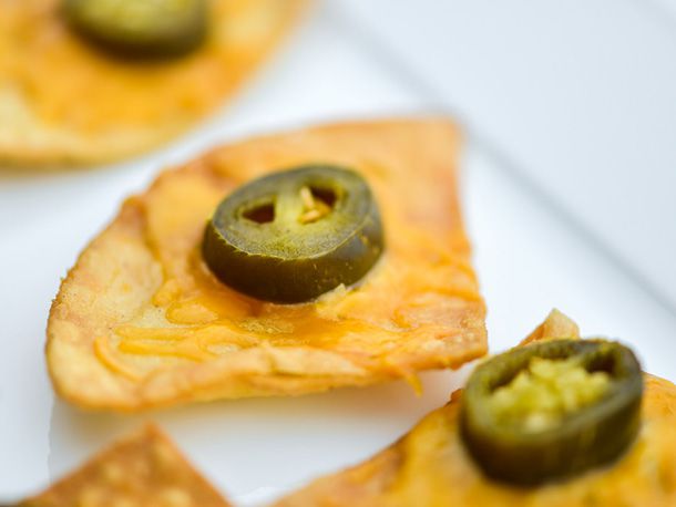 Closeup of a finished nacho.