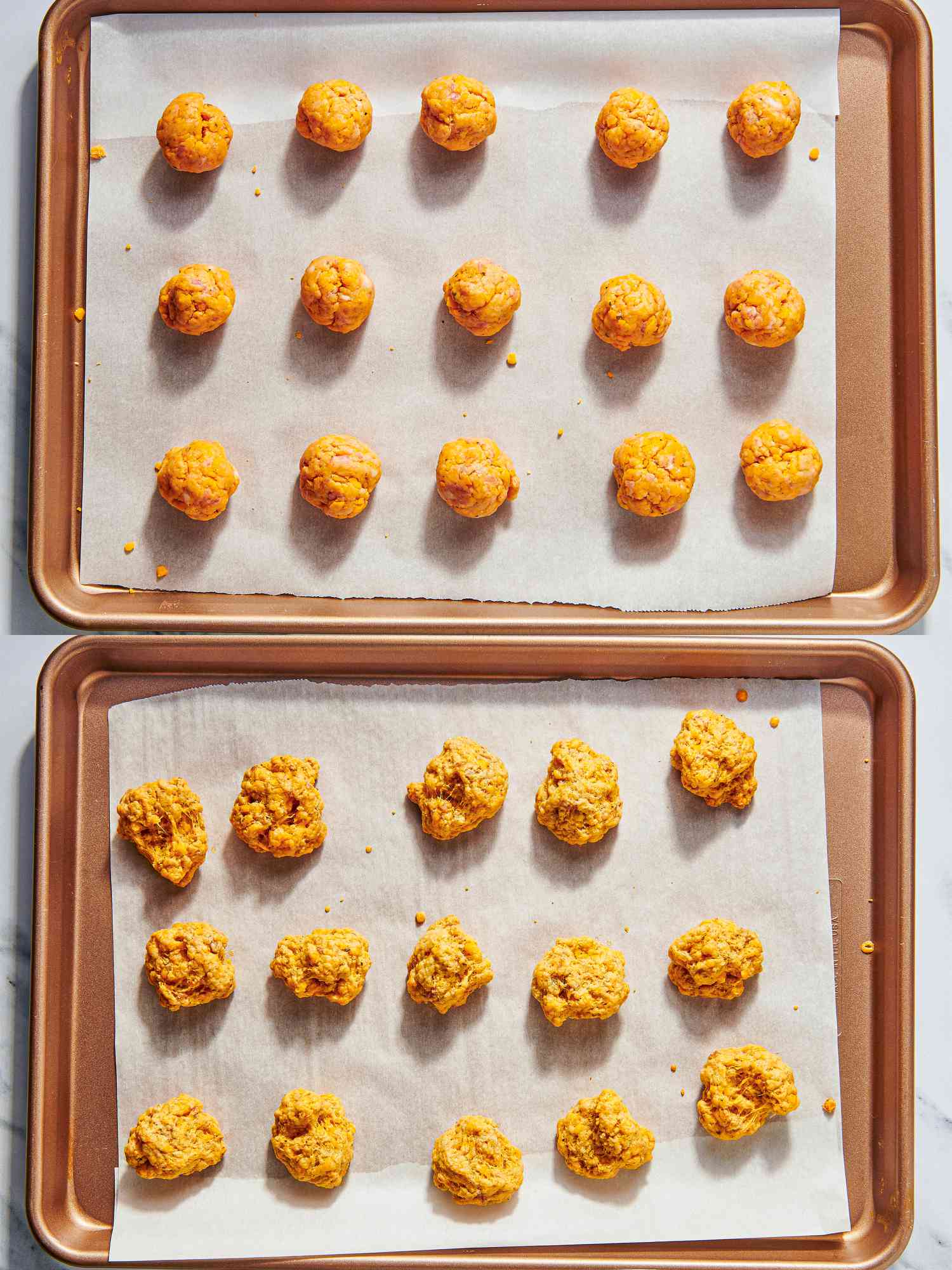 Two image collage for sausage balls before and after being baked