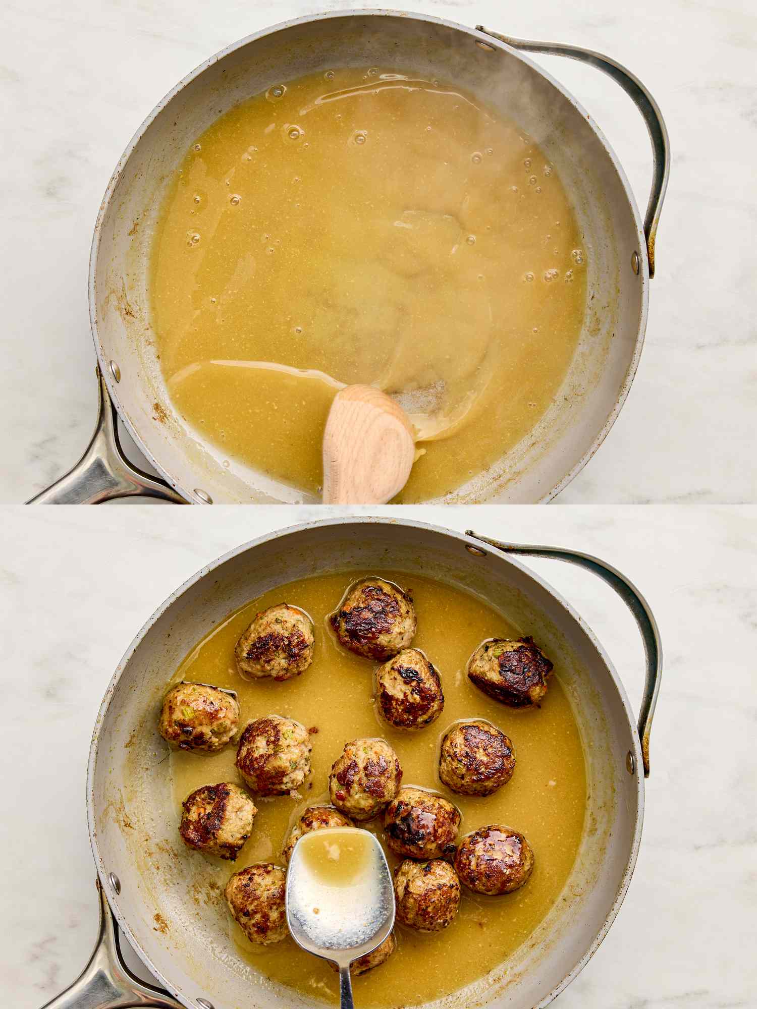 Top image shows a sauce in a pan being stirred bottom image shows turkey meatballs with sauce in a pan being served