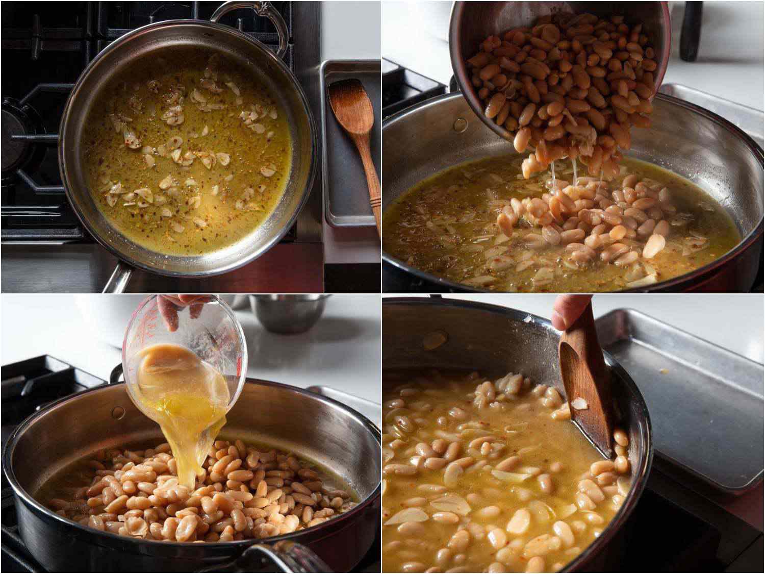 4-image collage of cooked beans being added to pot with stock for greens and beans pasta