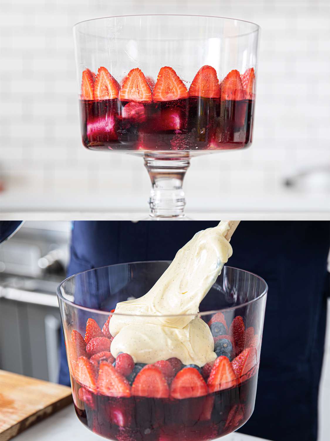 Two image collage of a trifle bowl lined with fresh food and creme patisserie being layered over the fruit.