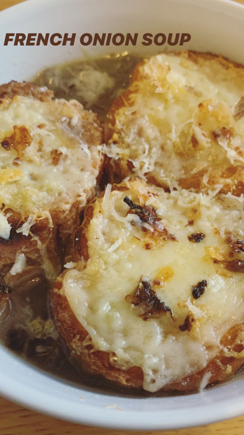 overhead view of bowl of french onion soup