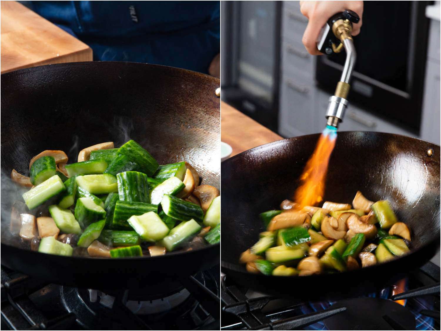 Collage of adding the cucumber to the wok and then singeing them with a blowtorch.