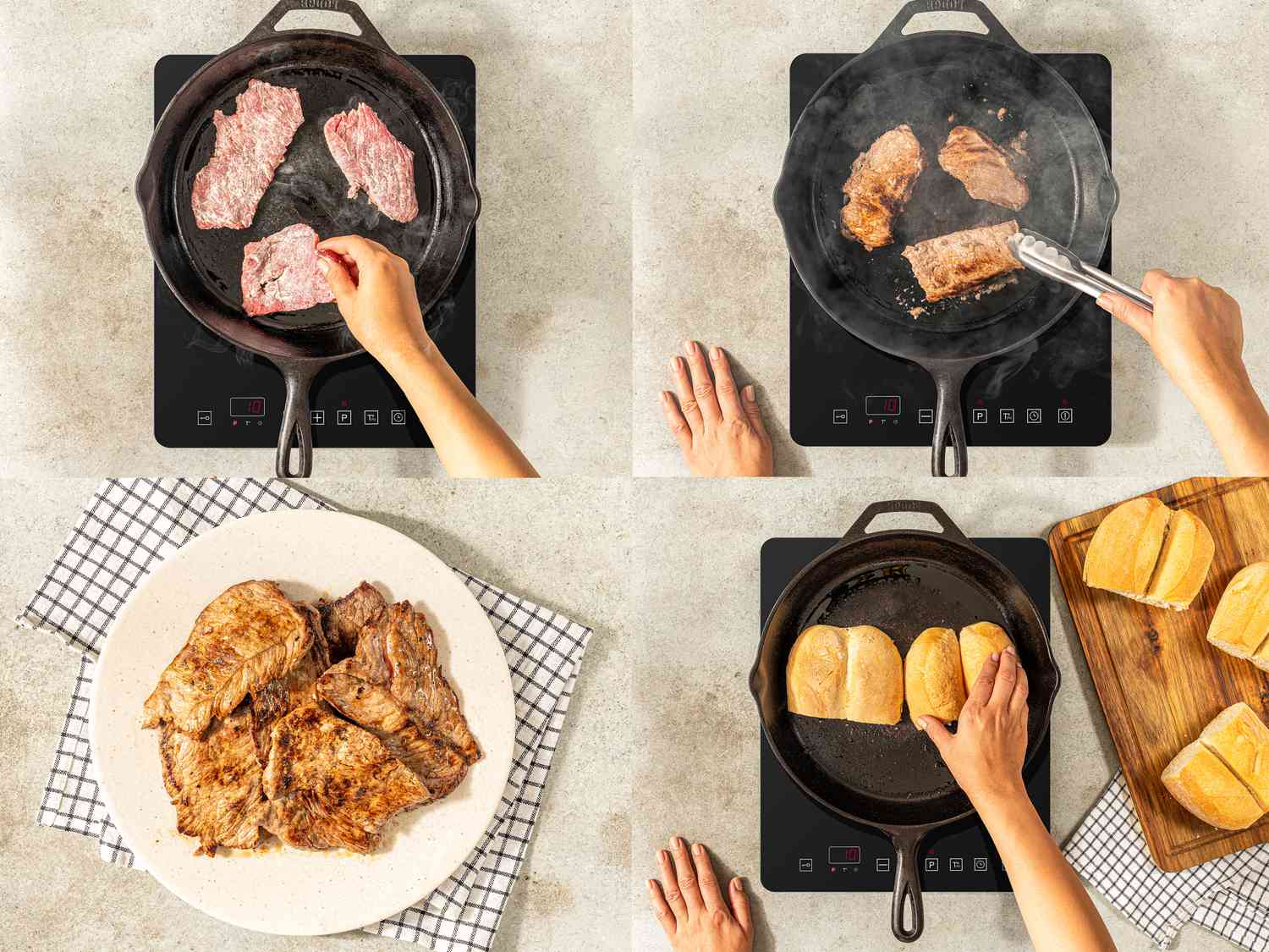 Four image collage of cooking meat in cast iron skillet and toasting bread