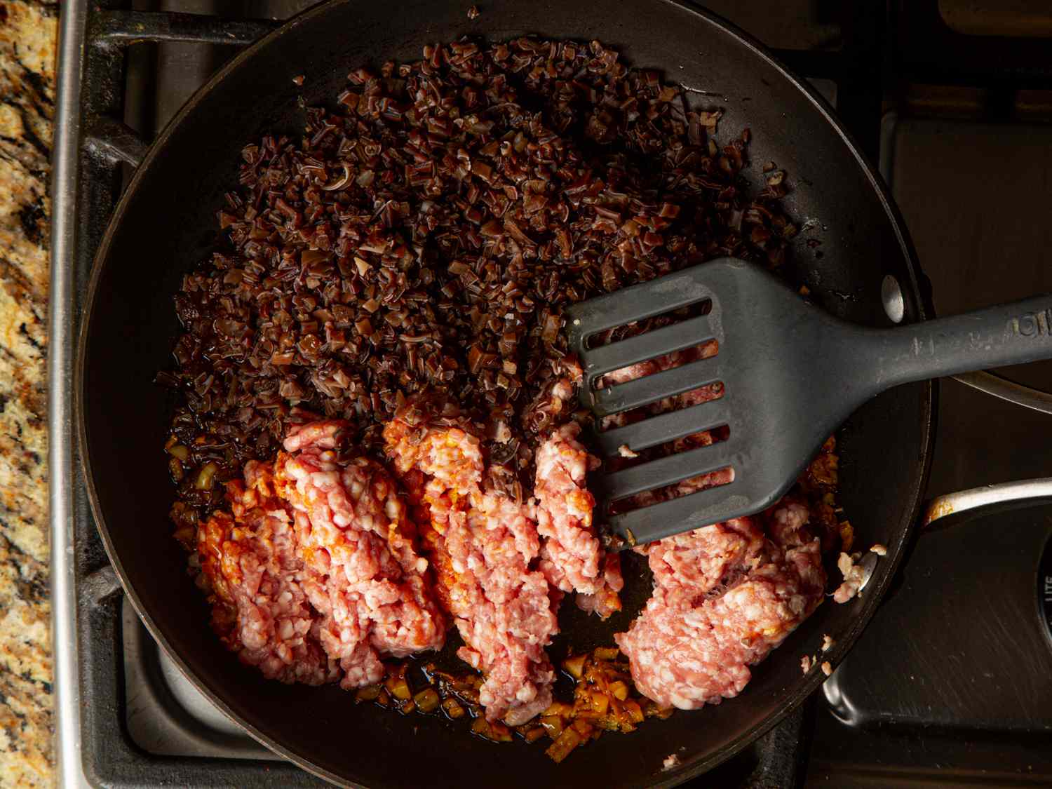 Mushrooms and pork in a skillet