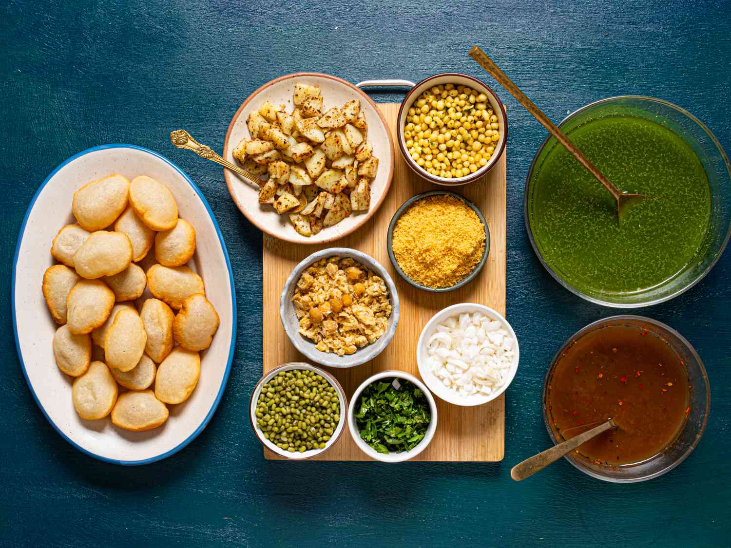 Overhead view of pani puri set up