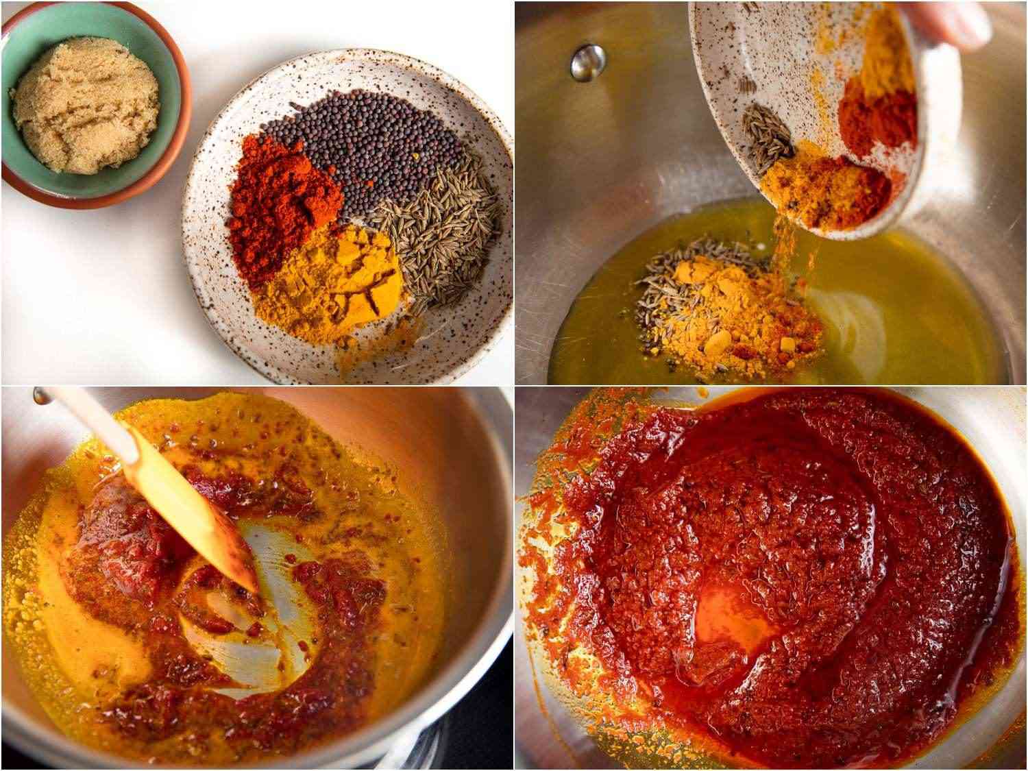 frying spices in ghee for baked eggplant