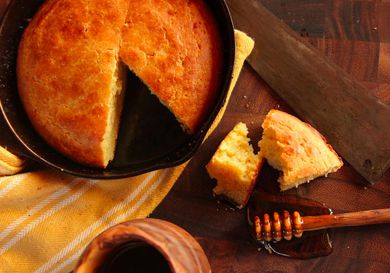 Brown butter cornbread in a cast iron skillet. 