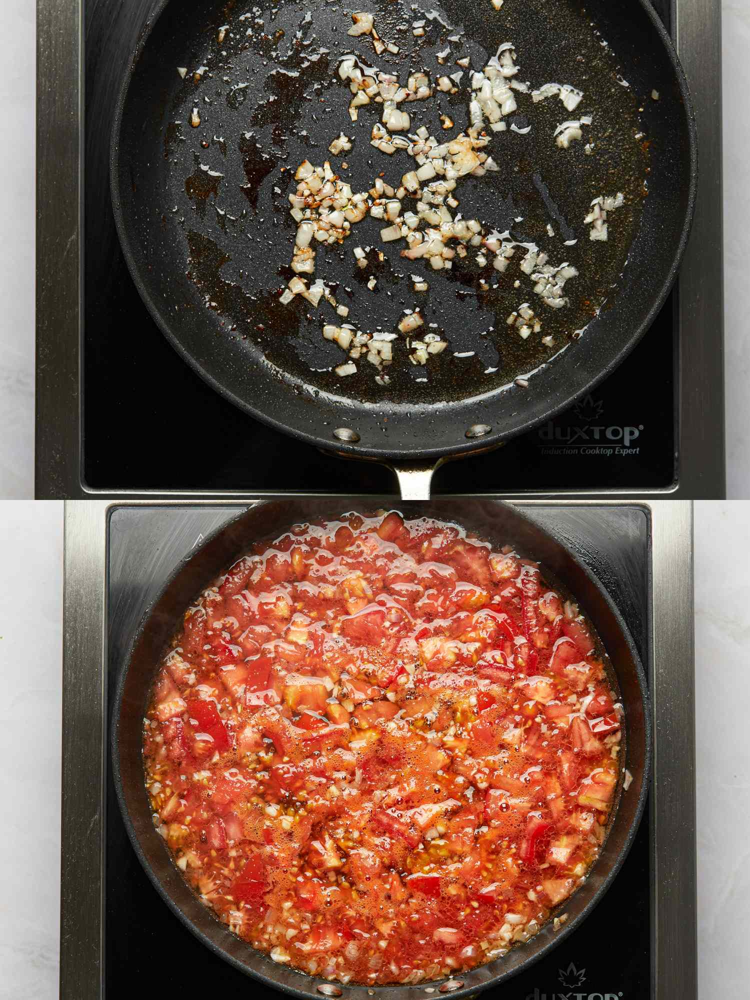 Two steps in preparing Vietnamese pork-stuffed tomatoes, sautéing onions in a pan and cooking diced tomatoes into a sauce