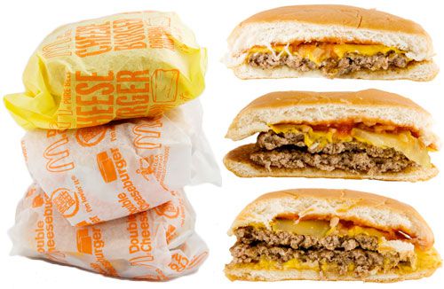 The McDonald's cheeseburger, double cheeseburger, and McDouble: individually wrapped and stacked and cross-section view of each unwrapped. 