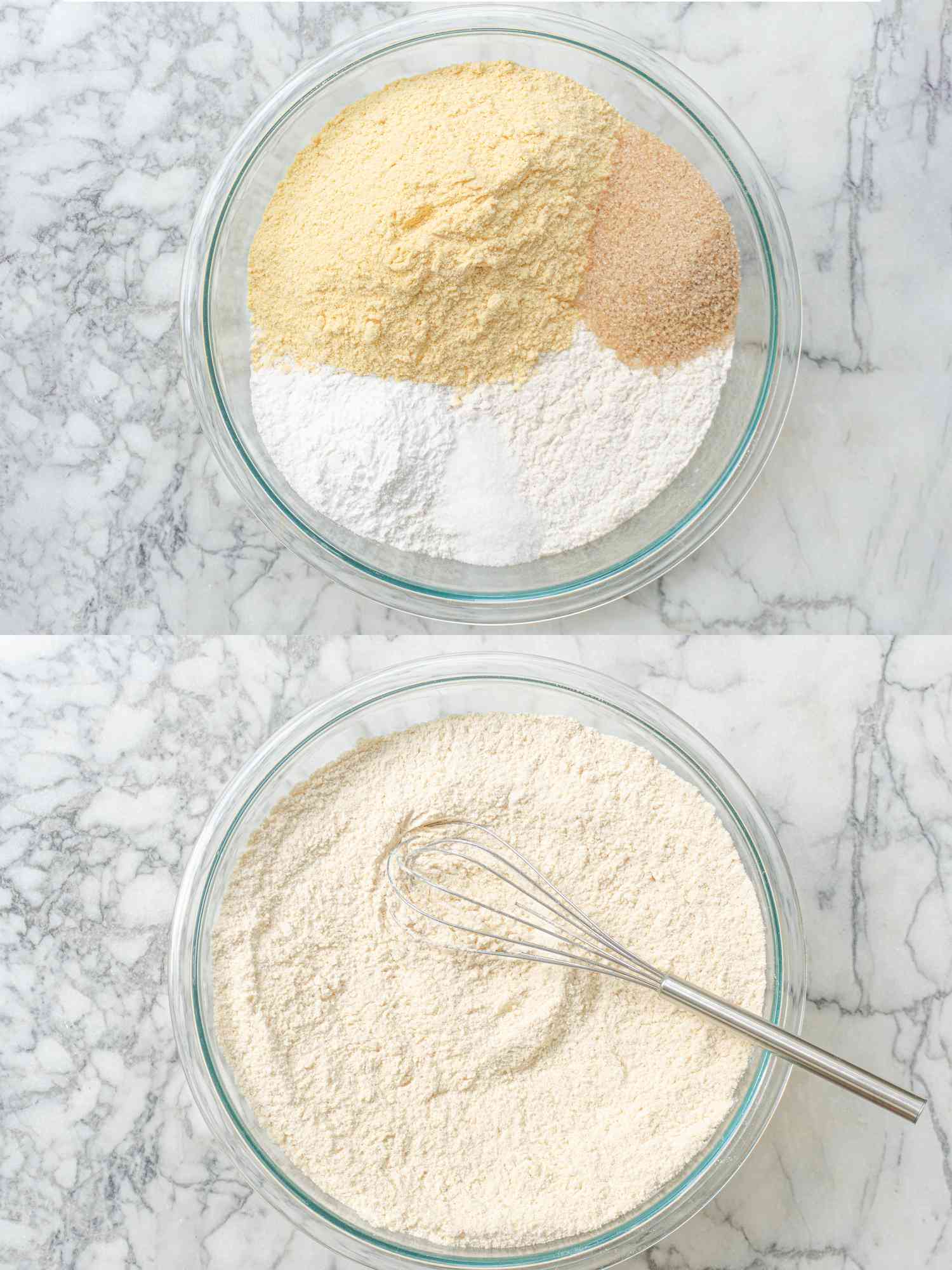 Two image collage of dry ingredients in a bowl before and after being mixed