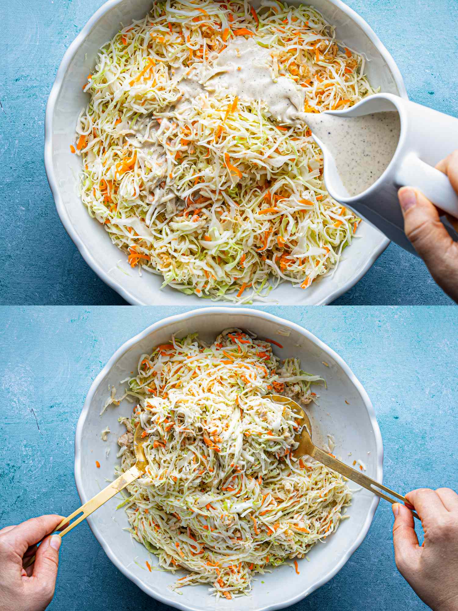 Tangy apple coleslaw in a mixing process with dressing being poured and mixed in a bowl