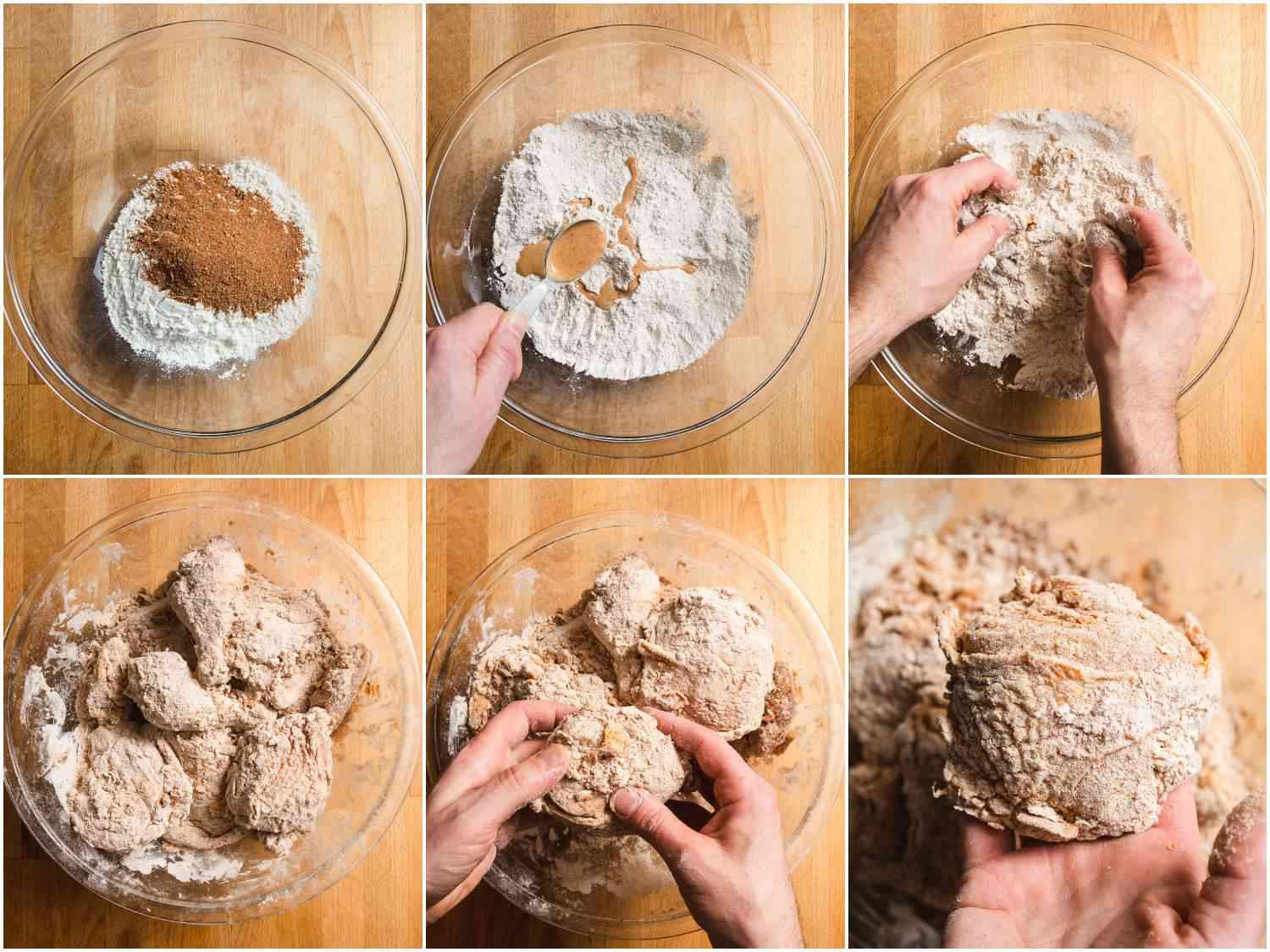 Collage of stages of breading chicken for frying, from making seasoned flour to coating chicken pieces
