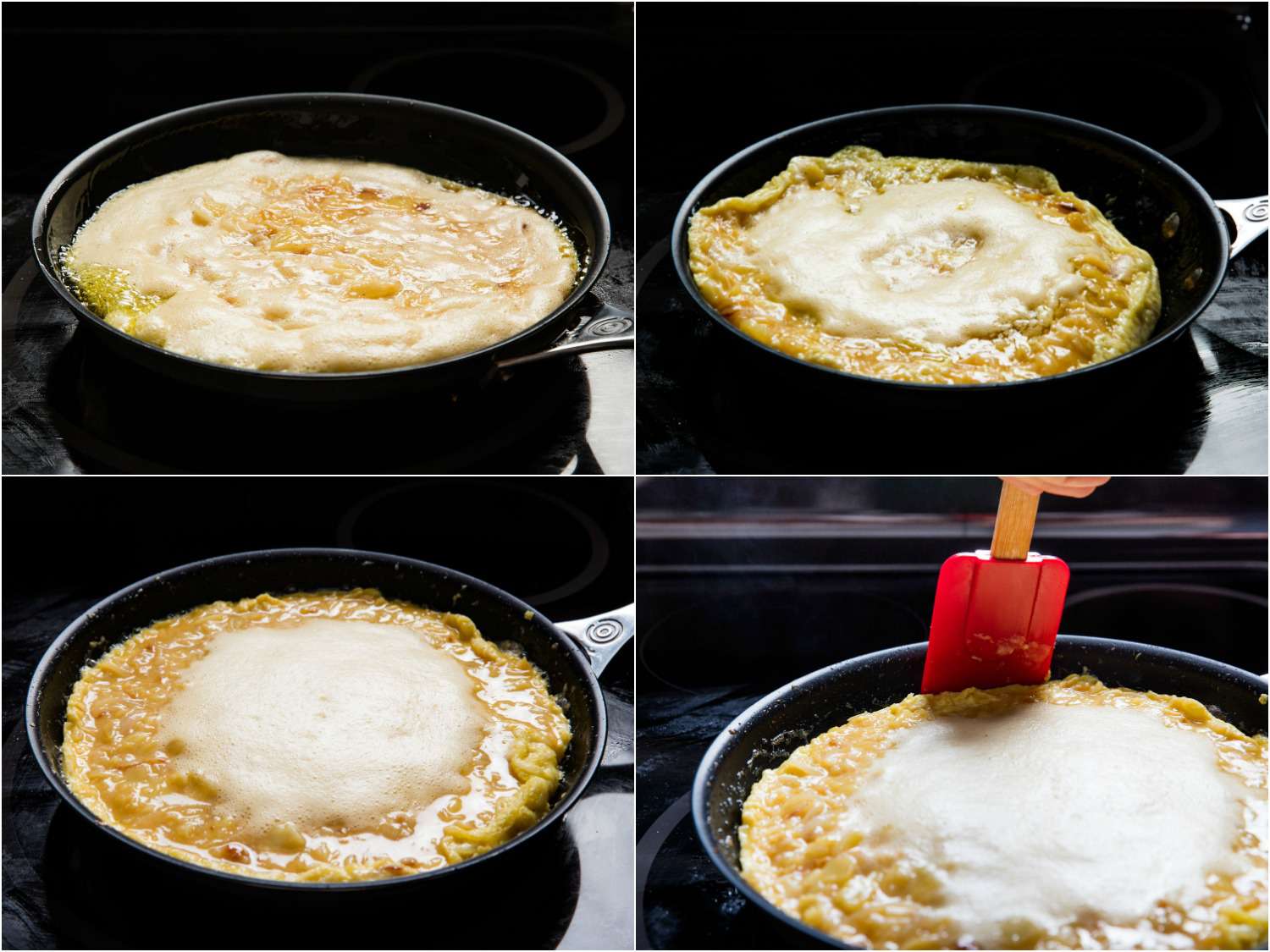 A collage of four photos showing how to cook tortilla española in a skillet. The eggs are frothy in the center. The cook uses a spatula to loosen the edges. 