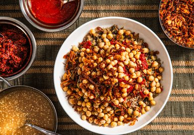 Overhead view of koshari in bowl