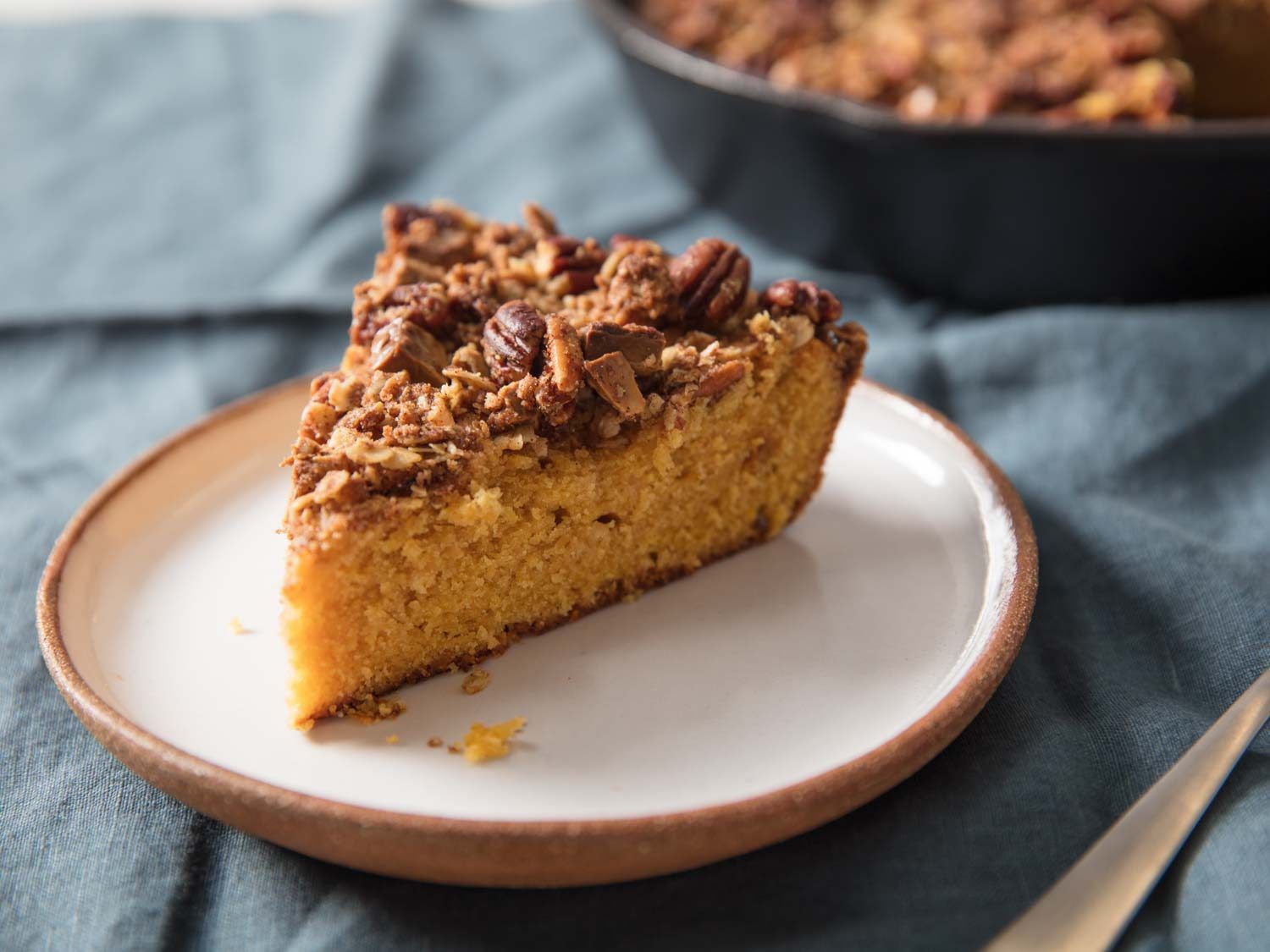 Plated slice of pumpkin skillet coffee cake.
