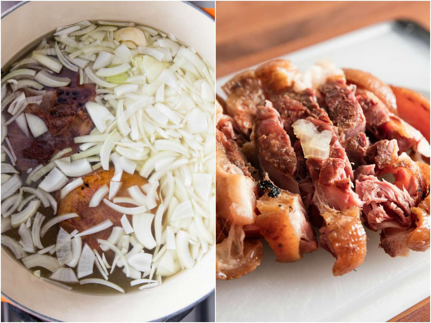 A two collage image. The left shows ham hocks, chicken broth, and chopped onions simmering in a Dutch oven. The right shows the man hocks on a cutting board tender and cooked. 